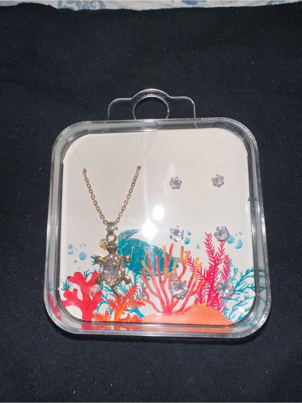 Gold Turtle Pendant Necklace with Crystal Stud Earring Set - Gold